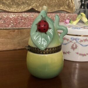 Green and Yellow Pear Trinket Box with Ladybug and Inch Worm